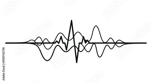 Sound wave pattern illustration, waveform design element, audio signal graphic, black line art on white background