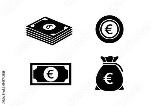 Four black icons display Euro currency: stacked banknotes, a coin, a single bill, and a money bag.