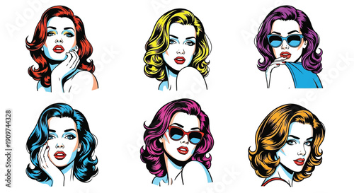Pop art style illustrations of women with vibrant colorful hair