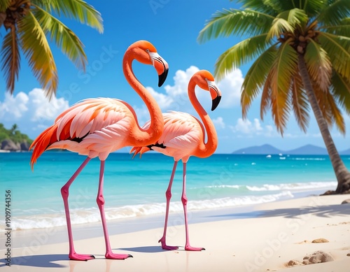 Two pink flamingos stand on a white sand beach with palm trees and blue water in the background
