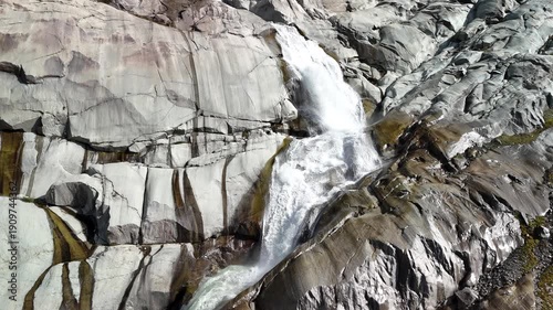 Waterfall at Rhone Glacier – Aerial View, Swiss Alps