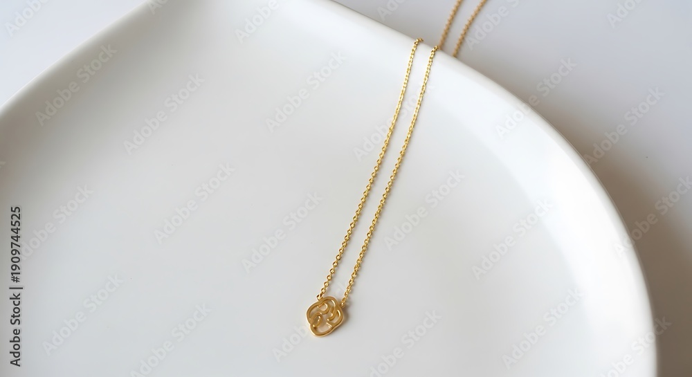 Fototapeta premium Simple Minimalist Gold Knot Pendant Necklace on White Elegant Plate