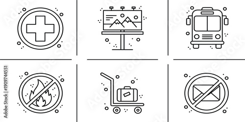 Set of thin line travel and public service icons featuring medical cross, billboard, bus transport, no fire, luggage trolley, and no mail.Set of thin line travel and public service 