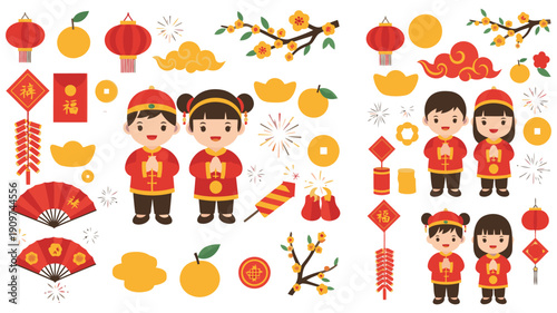 Vibrant illustration of children celebrating chinese new year with traditional decorations