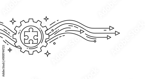 A mechanical gear with a central puzzle piece is surrounded by flowing lines and arrows representing integration and solution processes.