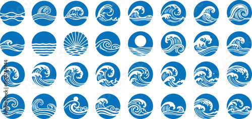Vector ocean wave icons set, blue and white nautical symbols for website, banner, or presentation, isolated on transparent background, png