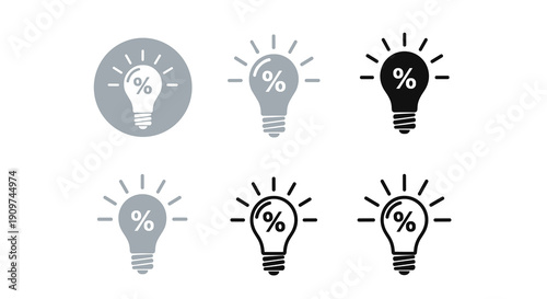 A set of six lightbulb icons feature a percentage sign, representing innovative ideas or discount concepts in various styles.