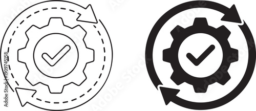Black and white gear with checkmarks and arrows circle symbols
