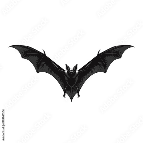 Halloween Black Bat Flying Spreading Wings Isolated White Background Vector Illustration