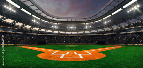 Fotografie Baseball field at a sports stadium with shining spotlights and fans ready for the upcoming grand sporting event