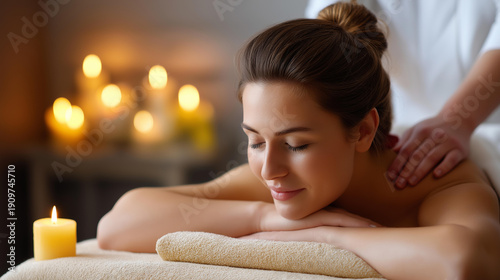 Wallpaper Mural Relaxing massage with aromatherapy oils in spa setting, soft candle lighting calming experience, wellness self-care moment, therapeutic relaxation, with copy space Torontodigital.ca