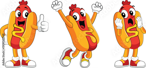 Funny hot dog mascot character set with different emotions and poses