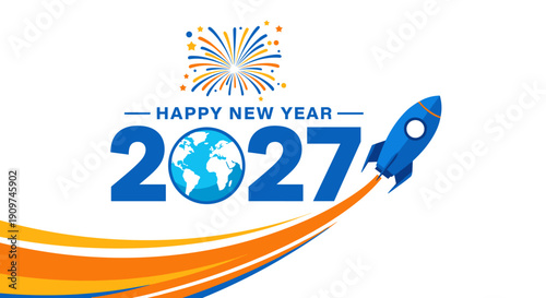 Happy New Year 2027 text with a globe, launching rocket, and celebratory fireworks against a white background.