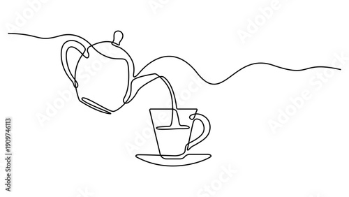 Elegant continuous line drawing of a teapot pouring tea into a cup and saucer vector