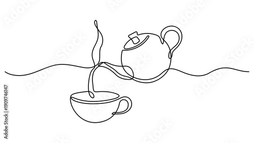 Elegant continuous line drawing of a teapot pouring tea into a cup and saucer vector