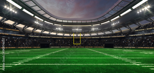 American football field at a sports stadium with shining spotlights and fans ready for the upcoming grand sporting event. Professional sports advertisement background.