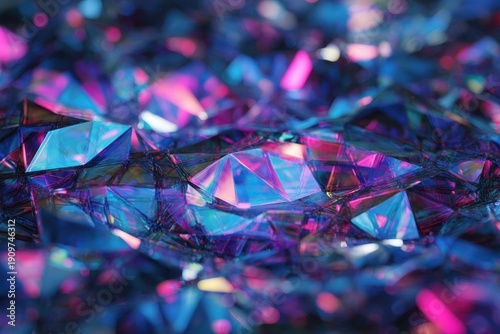 A collection of vibrant, iridescent crystals scattered across a dark, abstract background, captured in a close-up, overhead view