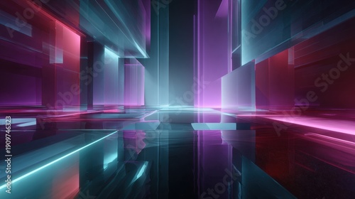 A futuristic corridor illuminated by vibrant neon lights reflecting off sleek surfaces, creating a mesmerizing display of color and light from a central viewpoint