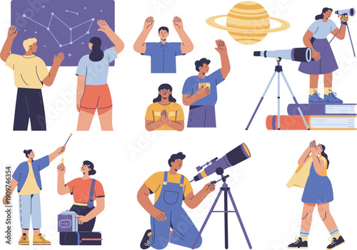 Flat vector illustration set of people studying astronomy with telescopes, constellations, and planets, diverse characters exploring space science and stargazing in flat design