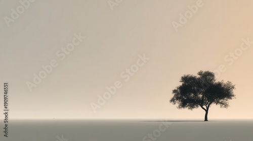 A lone tree stands in a vast, open landscape at dusk with a serene atmosphere and a minimalist aesthetic view