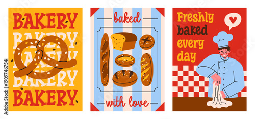 A set of three bright posters with freshly baked goods for bakery shop in retro style. Flat vector illustration for flyers, banners and advertisements design.