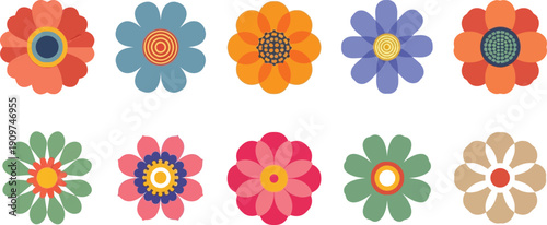 Ten brightly colored, stylized retro flower icons with distinct petals and centers arranged in two horizontal rows against a white background.
