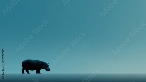 A majestic rhinoceros walks alone on a serene landscape viewed from the side in a calm environment