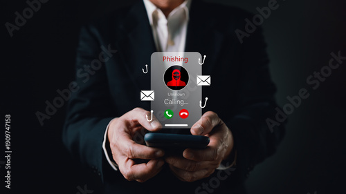 Canvastavla Businessman holding smartphone with phishing call warning icon