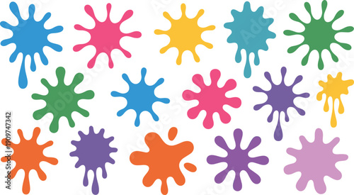 Colorful paint splashes set, abstract liquid ink blot shapes, playful vibrant splatter elements isolated on white background for creative design