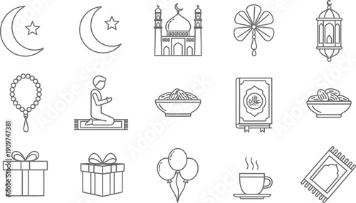 Ramadan Kareem festive icons set including mosque and prayer beads  cultural celebration symbols