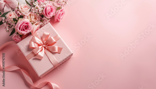 A beautifully wrapped gift box with a pink ribbon and roses on a soft pink background for a special occasion