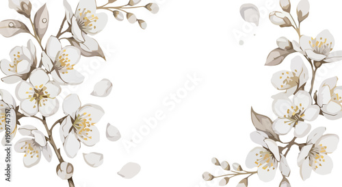 Floral arrangement of white flowers and leaves on a simple background viewed from the front