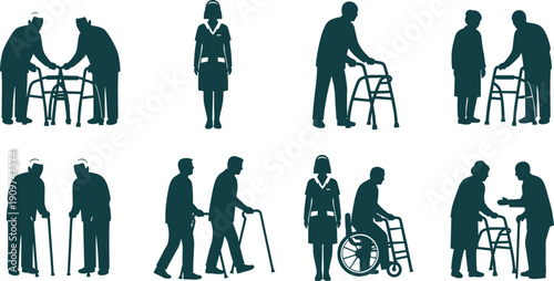 Elderly care silhouettes collection, senior assistance mobility aid set, healthcare support people vector illustration isolated on white background