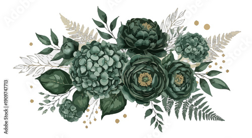 A digital illustration of various green plants and flowers arranged together with leaves and dots on a white background, viewed from directly above, showcasing a collection of foliage and blooms.
