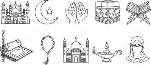 Islamic religious symbols and architecture illustrations  mosque and muslim culture icons