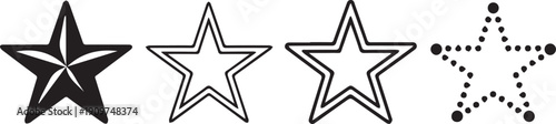Star icons set, black and white vector illustration of five‑pointed stars in solid outline layered and dotted styles for design