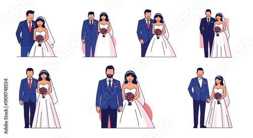 Diverse couples in wedding attire a collection of illustrated bride and groom pairs