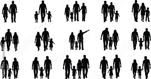 Family walking silhouettes collection, parents with children vector set, happy people together illustration isolated on white background