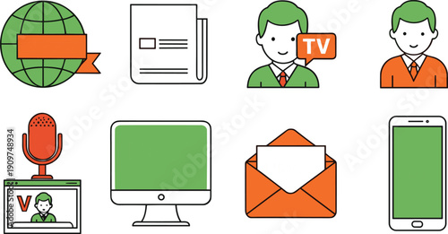 Global news, digital media, print journalism, mobile access, video podcast, email newsletter, TV broadcast, online news, communication icons, information flow