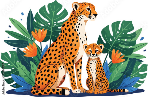 Cheetah mother and cub in a lush tropical jungle environment