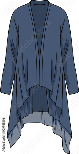 Long sleeve cardigan, dark blue garment, open front outerwear, high low hemline, draped fashion clothing, stylish layering piece, cad drawing flat vector illustration