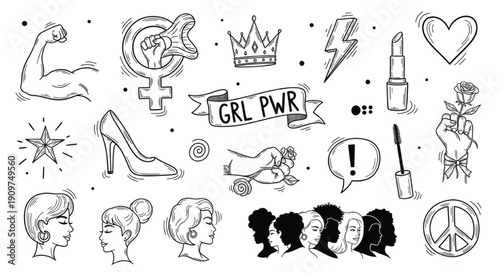 Girl Power Feminist Doodle Icons – Women Strength Beauty Symbols