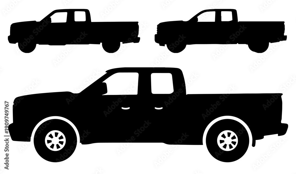 Obraz premium Pickup Truck Silhouette Vector Set, Modern 4x4 Off-Road Vehicle Icons, Side View of Light Commercial Transport and Utility Truck Symbols Isolated on White Background