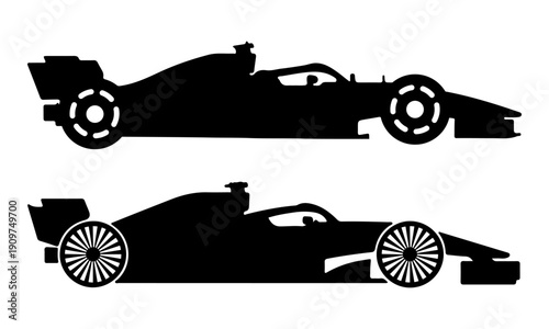 Formula Racing Car Silhouette Set, High Speed Open Wheel Race Car Side View Icons, Motorsport Grand Prix Vehicle Vector Illustration Isolated on White Background
