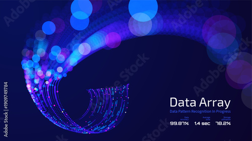 Futuristic data array visualization with flowing particle waves and digital interface representing big data analysis, pattern recognition, artificial intelligence, machine learning vector background
