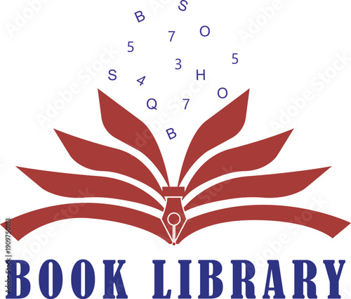Modern Book Library Logo with Open Book, Fountain Pen Nib, and Flying Letters.