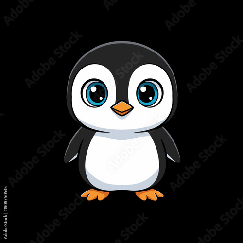 Adorable Cartoon Penguin with Big Blue Eyes Standing on a Black Background.