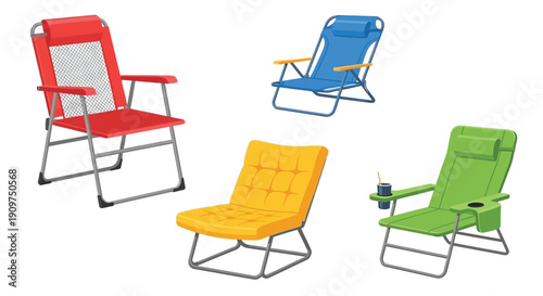 Four colorful beach chairs isolated on a white background