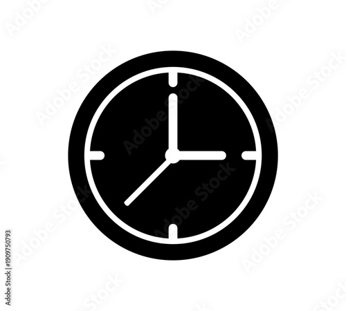 Clock icon isolated on a light white background showing time with minute and hour hands points right
