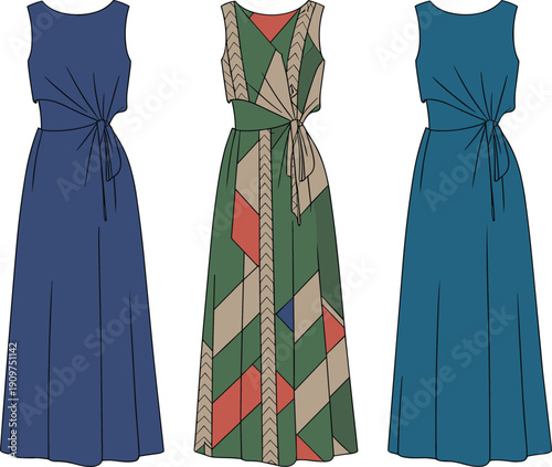 Sleeveless maxi dress, dark blue gown, teal long dress, multicolor geometric pattern fashion, cinched waist style, cad drawing flat vector illustration